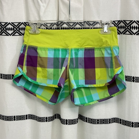 Lululemon Running Shorts Plaid‎ Print Athletic Neon Green Waist Size 2 - Picture 1 of 5